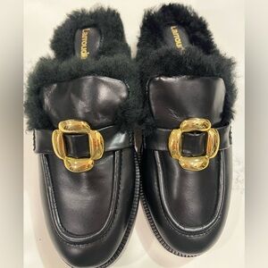 Larroude Black Mules with Gold Buckle